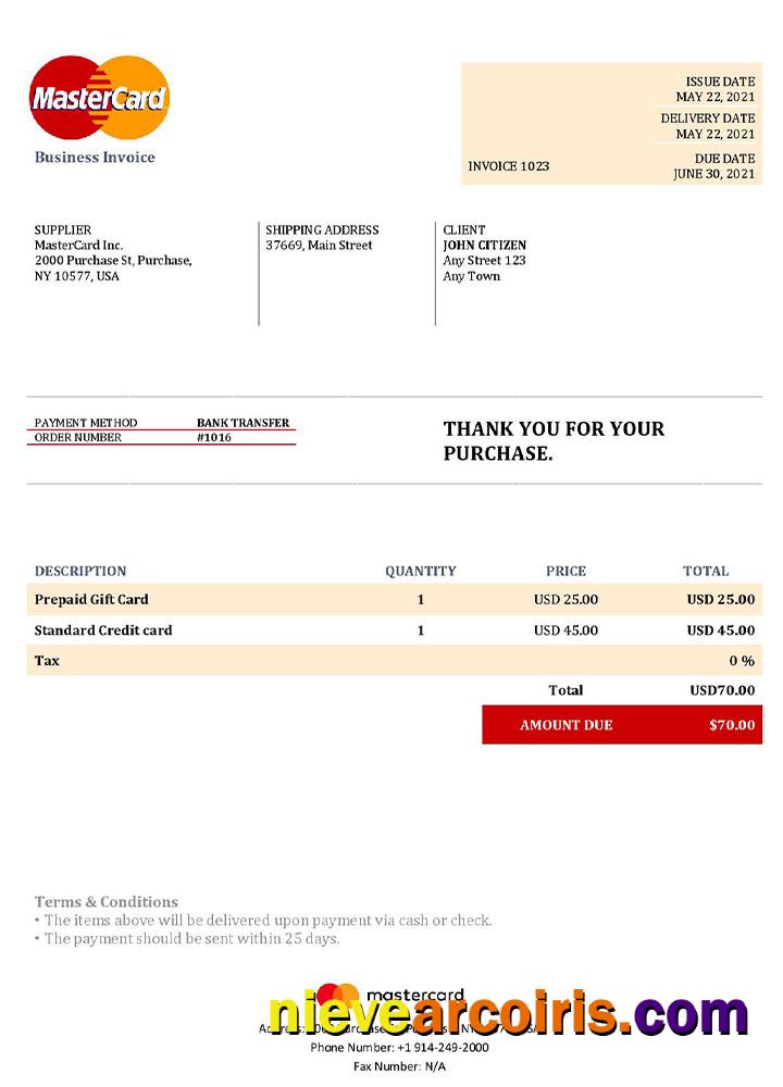 USA MasterCard invoice